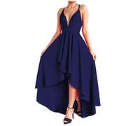 Damen Sexy Sling Abendkleid S-3xl Niedrig Geschnittenes äRmelloses Spaghetti TräGer Gerafftem Rock Wadenlang Prom Partykleid Solide RüCkenfreies Hi-Low Saum Ballkleid Cocktailkleid Frauen MäDchen