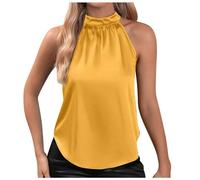 Damen Sexy Tank Shirts Top Neckholder Locker Elegant Silk Satin Sommertops Blusen Einfarbig Seidentop Blusentop Ärmellos Trägershirt Strand Satinbluse Oberteile Lässiges Sommershirt (Yellow, M)