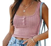 Damen Sexy Tank Tops Ärmellose Geripptes Crop Tops mit eckigem Ausschnitt Bauchfreies Basic Shirts Sommer Top Einfarbig Strickoberteil mit Knöpfen