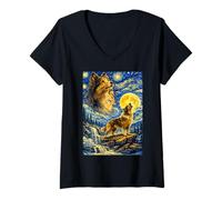 Damen Shetland Sheepdog Starry Night Van Gogh Niedlicher Heulender Hund T-Shirt mit V-Ausschnitt