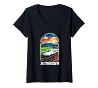 Damen Shinkansen Mount Fuji Japan Travel Japanisches Kanji-Souvenir T-Shirt mit V-Ausschnitt