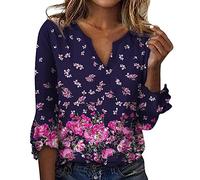 Damen Shirt Langarm Bunt Bluse V-Ausschnitt Elegant 3/4 Ärme Hemden Casual Shirt Herbst Winter Pullover Frauen Tunika Hemdbluse Mode Lose Kleidung Oberteile Tops