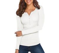 Damen Shirt Langarm V-Ausschnitt Basic Oberteile Button Casual Pullover Einfarbig Langarmshirt(Weiß,Large)