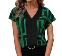 Damen Shirt Schwarz Langarm Damen Geometrischer Druck Batwing Kurzarm Farbblock Kragen Lose Shirt Bluse Kariert Damen Tracht (Green, XXL)
