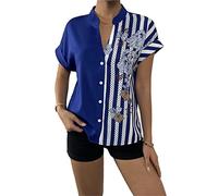 Damen Shirt Sommer kurzärmelig gestreift Blumendruck Boho-Oberteil Blusen für Damen Übergröße V-Ausschnitt Knopfleiste Elegantes T-Shirt Tunika Oberteil(Blau/L)