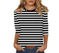 Damen Shirts Sommer 3/4 Ärmel Gestreift Rundhals Ausschnitt Oberteil | Lässige Casual Streifen Trachtenbluse Ringelshirt Dreiviertelarm Shirt Italienische Mode