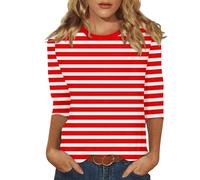 Damen Shirts Sommer 3/4 Ärmel Gestreift Rundhals Ausschnitt Oberteil | Lässige Casual Streifen Trachtenbluse Ringelshirt Dreiviertelarm Shirt Italienische Mode