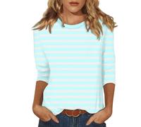 Damen Shirts Sommer 3/4 Ärmel Gestreift Rundhals Ausschnitt Oberteil | Lässige Casual Streifen Trachtenbluse Ringelshirt Dreiviertelarm Shirt Italienische Mode