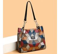 Damen Shopper Tasche Mehrfarbig Kariertes Kunstleder Schultertasche mit Kette Verzierung, Handtasche, Schultasche, Rucksack für Schule, tragbar, Busin