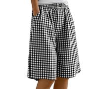 Damen Shorts Kariert Sommer Kariert mit Gummibund Casual Bermuda Loose Baggy Faux Baumwolle Leinen Gerade Bein Weites Pull On Half Hosen Taschen Laufen Walking Urlaub Hose, 01 Schwarz, XL