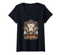 Damen Sioux Nation Büffelmotiv mit Totenkopf und Blume T-Shirt mit V-Ausschnitt