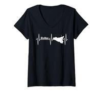 Damen Sizilien Insel Karte EKG Herzschlag Linie Italien Urlaub T-Shirt mit V-Ausschnitt