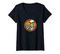 Damen Skeleton Peace Sign Retro Vintage Funny Art T-Shirt mit V-Ausschnitt