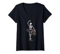 Damen Skelett Ballerina Gothic Dance Withered Roses Gruselkunst T-Shirt mit V-Ausschnitt