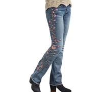 Damen Skinny Jeans im Vintage-Stil, bestickt, Blume, hohe Taille, Glocke, mit Tasche, lässig, schick, schmale Passform, Denim-Schlaghose für den täglichen Gebrauch, Hellblau-Blumenmuster, XXL