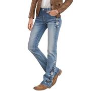 Damen Skinny Jeans im Vintage-Stil, bestickt, Blume, hohe Taille, Glocke, mit Tasche, lässig, schick, schmale Passform, Denim-Schlaghose für den täglichen Gebrauch, blau-blumig, S