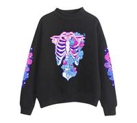 Damen Skull Pullover Grunge Gothic Skeleton Streetwear Khaki Y2k Übergroßen Sweatshirt Hip Hop Druck Oberteile Baumwoll Langarmshirt Casual Kleidung Freizeit Tops