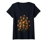 Damen Skull Rose Bouquet Dark Gothic Vanitas Art Floral T-Shirt mit V-Ausschnitt