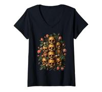 Damen Skull Rose Bouquet Dark Gothic Vanitas Art Floral T-Shirt mit V-Ausschnitt