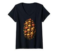 Damen Skull Rose Bouquet Dark Gothic Vanitas Art Floral T-Shirt mit V-Ausschnitt
