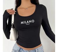 Damen Slim Fit Lässig Langarm T-Shirt mit rundem Ausschnitt und "MILANO ITALY" Aufdruck, geeignet für Frühling und Herbst