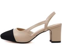 Damen Slingback Pumps geschlossene runde Zehe Blockabsatz zweifarbige lässige klobige Absätze Büroschuhe(Size:39,Color:Beige heels 6.5cm)