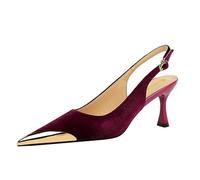 Damen Slingback Schnalle Pumps Sexy Bequem Kitten Heel Pointed Toe Schuh Elegant Sandalen 7cm Party Hochzeit Kleid Schuhe (Weinrot,38)