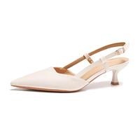 Damen Slingpumps Schnall Blockabsatz Sandalen Kitten Heel High Heels Sexy Pointed Toe Schuh 5cm Lässig Büroschuhe Dress Schuhe (Beige,37)