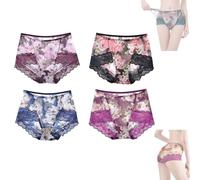 Damen-Slip aus Satin mit Blumenmuster, Damen-Höschen aus bedruckter Netzspitze, Nahtloser Luxus-Slip aus Satin und Eisseide (Large,A)