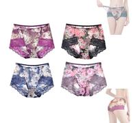 Damen-Slip aus Satin mit Blumenmuster, Damen-Höschen aus bedruckter Netzspitze, Nahtloser Luxus-Slip aus Satin und Eisseide (3X-Large,D)