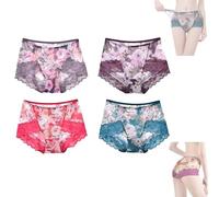 Damen-Slip aus Satin mit Blumenmuster, Damen-Höschen aus bedruckter Netzspitze, Nahtloser Luxus-Slip aus Satin und Eisseide (X-Large,B)