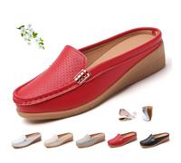 Damen Slip-On Leder Pantoletten Orthopädische Leder Slip on Rückenfrei Loafers Bequeme Geschlossene Zehen Keil Business Casual Schuhe, rot, 35.5 EU