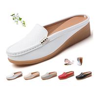 Damen Slip-On Leder Pantoletten Orthopädische Leder Slip on Rückenfrei Loafers Bequeme Geschlossene Zehen Keil Business Casual Schuhe, weiß, 36 EU
