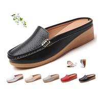 Damen Slip-On Leder Pantoletten Orthopädische Leder Slip on Rückenfrei Loafers Bequeme Geschlossene Zehen Keil Business Casual Schuhe, Schwarz , 37EU