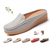 Damen Slip-On Leder Pantoletten Orthopädische Leder Slip on Rückenfrei Loafers Bequeme Geschlossene Zehen Keil Business Casual Schuhe, grau, 38.5 EU