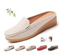 Damen Slip-On Leder Pantoletten Orthopädische Leder Slip on Rückenfrei Loafers Bequeme Geschlossene Zehen Keil Business Casual Schuhe, beige, 38 EU
