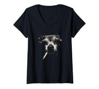 Damen Smoking Dog Mops Gesicht Lustige Chill Style Grafik T-Shirt mit V-Ausschnitt
