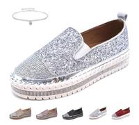 Damen-Sneaker, Plateau, Strass, Glitzer, modische Sneaker, bequeme Slipper, flache Loafer, Walking, Hochzeitskleid, Freizeitschuhe, glitzernde Tennisschuhe für Damen, silber, 37.5 EU