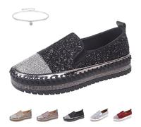 Damen-Sneaker, Plateau, Strass, Glitzer, modische Sneaker, bequeme Slipper, flache Loafer, Walking, Hochzeitskleid, Freizeitschuhe, glitzernde Tennisschuhe für Damen, Schwarz , 37.5 EU