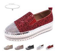 Damen-Sneaker, Plateau, Strass, Glitzer, modische Sneaker, bequeme Slipper, flache Loafer, Walking, Hochzeitskleid, Freizeitschuhe, glitzernde Tennisschuhe für Damen, rot, 37.5 EU
