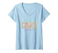 Damen Sogar im Chaos His Grace Finds Me Spirituelles Blumenmuster T-Shirt mit V-Ausschnitt