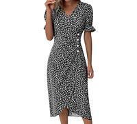 Damen Sommer A Linie Kleid V Ausschnitt Blumenkleid Elegant Sommerkleider Kurzarm Freizeitkleid Jerseykleid Knielang Swing Stretchy Kleider