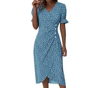 Damen Sommer A Linie Kleid V Ausschnitt Blumenkleid Elegant Sommerkleider Kurzarm Freizeitkleid Jerseykleid Knielang Swing Stretchy Kleider