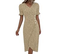 Damen Sommer A Linie Kleid V Ausschnitt Blumenkleid Elegant Sommerkleider Kurzarm Freizeitkleid Jerseykleid Knielang Swing Stretchy Kleider