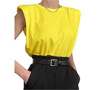 Damen Sommer ärmellose Trägershirt Schulterpolster Hemd Weste Feste verlieren Bluse Rundhalsausschnitt Cami Schulterpolster T-Shirts (Gelb, M)