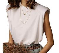 Damen Sommer ärmellose Trägershirt Schulterpolster Hemd Weste Feste verlieren Bluse Rundhalsausschnitt Cami Schulterpolster T-Shirts (Weiß, M)