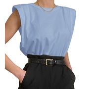 Damen Sommer ärmellose Trägershirt Schulterpolster Hemd Weste Feste verlieren Bluse Rundhalsausschnitt Cami Schulterpolster T-Shirts (Blau, L)