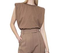 Damen Sommer ärmellose Trägershirt Schulterpolster Hemd Weste Feste verlieren Bluse Rundhalsausschnitt Cami Schulterpolster T-Shirts (Braun, S)