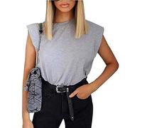 Damen Sommer ärmellose Trägershirt Schulterpolster Hemd Weste Feste verlieren Bluse Rundhalsausschnitt Cami Schulterpolster T-Shirts (Grau, L)