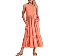 Damen Sommer Ärmelloses, Lockeres Maxikleid Lässiges, Langes Kleid Ärmellos Swing Kleider Mit Taschen, orange-M